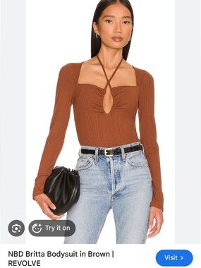 NBD Brown Ribbed Long-Sleeve Halter Keyhole Bodysuit